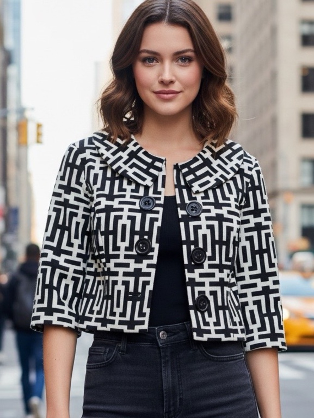 Black and White Geometric Buttoned Bolero Jacket